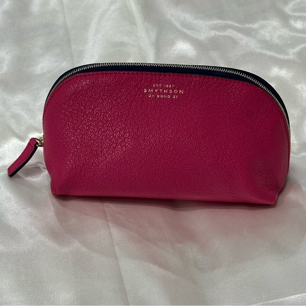 Smythson Of Bond St Cosmetic Case Panama Leather Fuschia Pink Gold Travel Chic